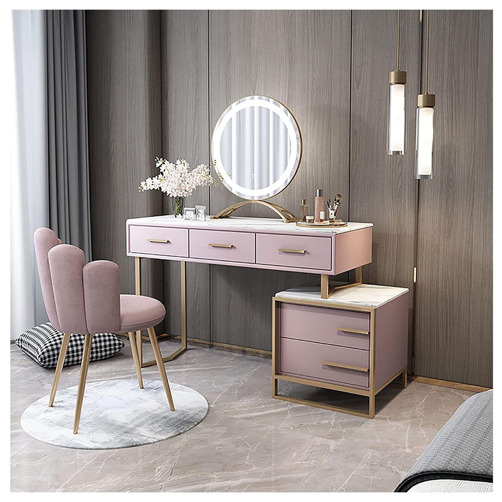 【Furniture】Italian Dressing Table with LED Mirror, Makeup Table with Marble Textured, Lockers & Makeup Chairs