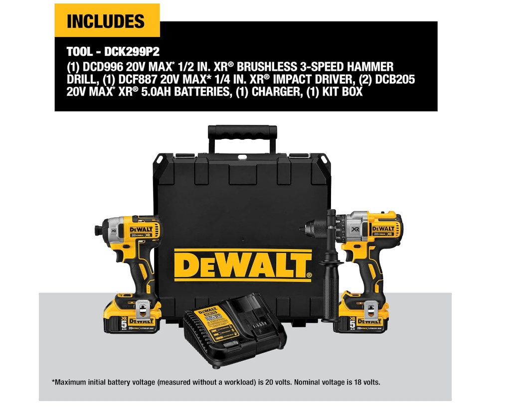 DEWALT 20V MAX* XR Cordless Drill Combo Kit, Brushless, 5.0-Ah, 2-Tool (DCK299P2)
