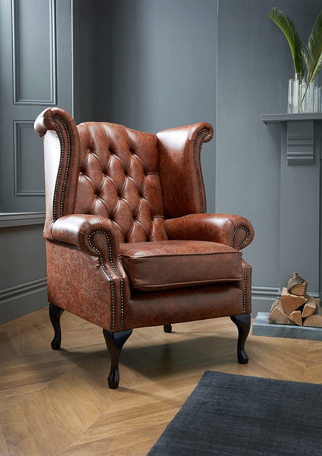 Chesterfield Genuine Antique Leather Queen Anne Chair (3 Colour Options) (Green)