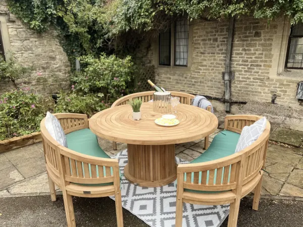 Teak Garden Furniture Round Table 150cm with 3 Bowood Benches