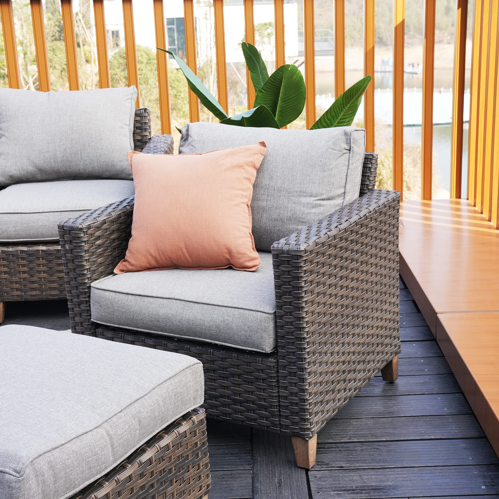 【Home&Garden】Patio Sofa Sets 9 Pcs Conversation Set with Fire Pit Table, PE Rattan Patio Furniture