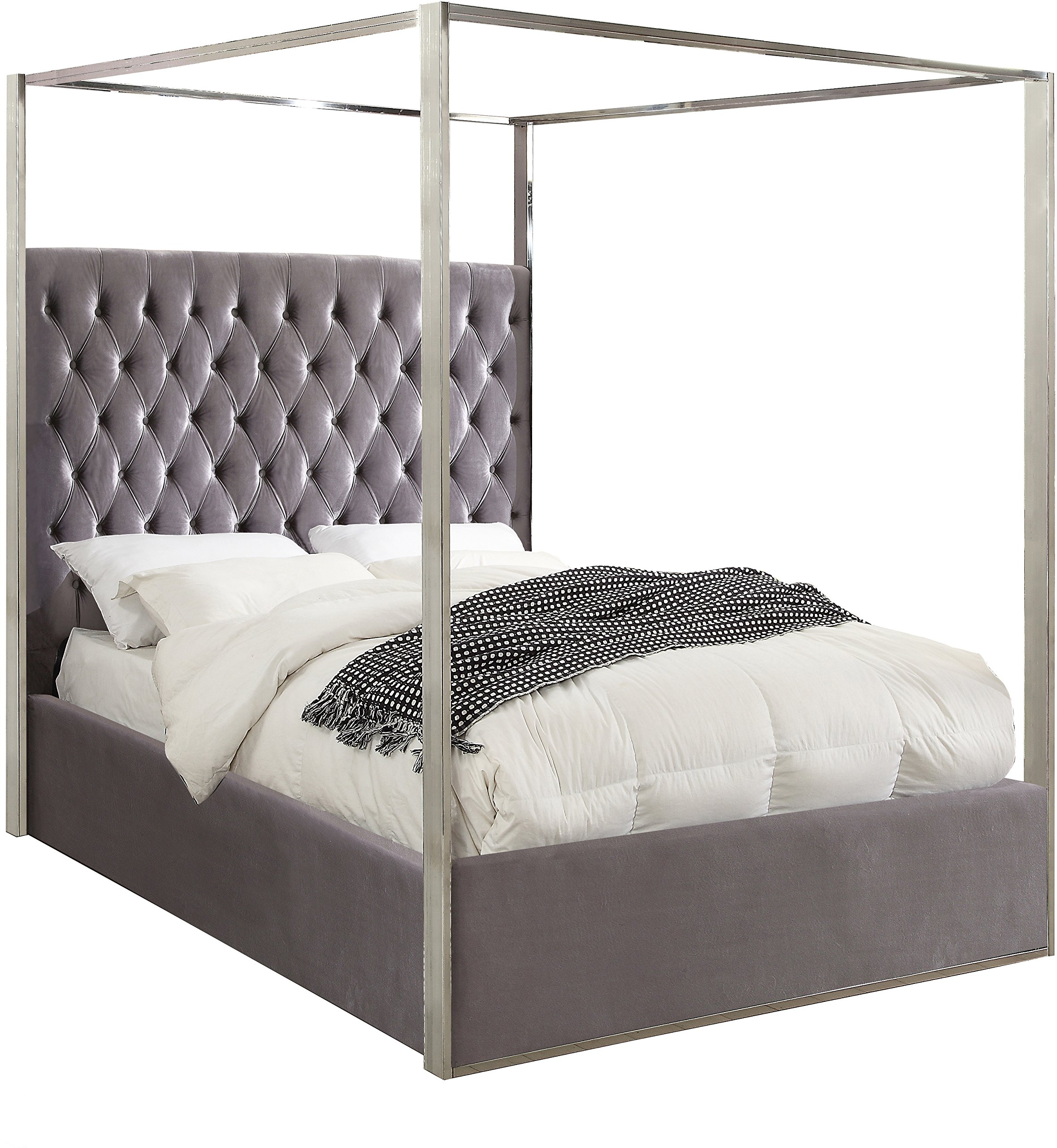 【Furniture】Contemporary Velvet Upholstered Bed with Deep Detailed Tufting and Chrome Canopy, Grey, King