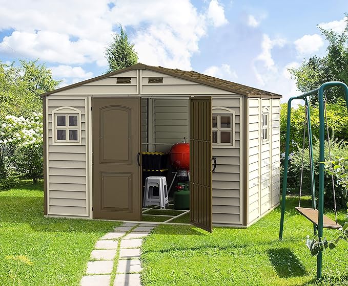 Duramax WoodSide 10 x 8 (8.02 m2) Plastic Garden Shed with 3 Fixed Windows & Metal Foundation Kit, Strong Metal Roof Structure Fire Retardant and Maintenance-Free Storage Shed - Ivory/Brown