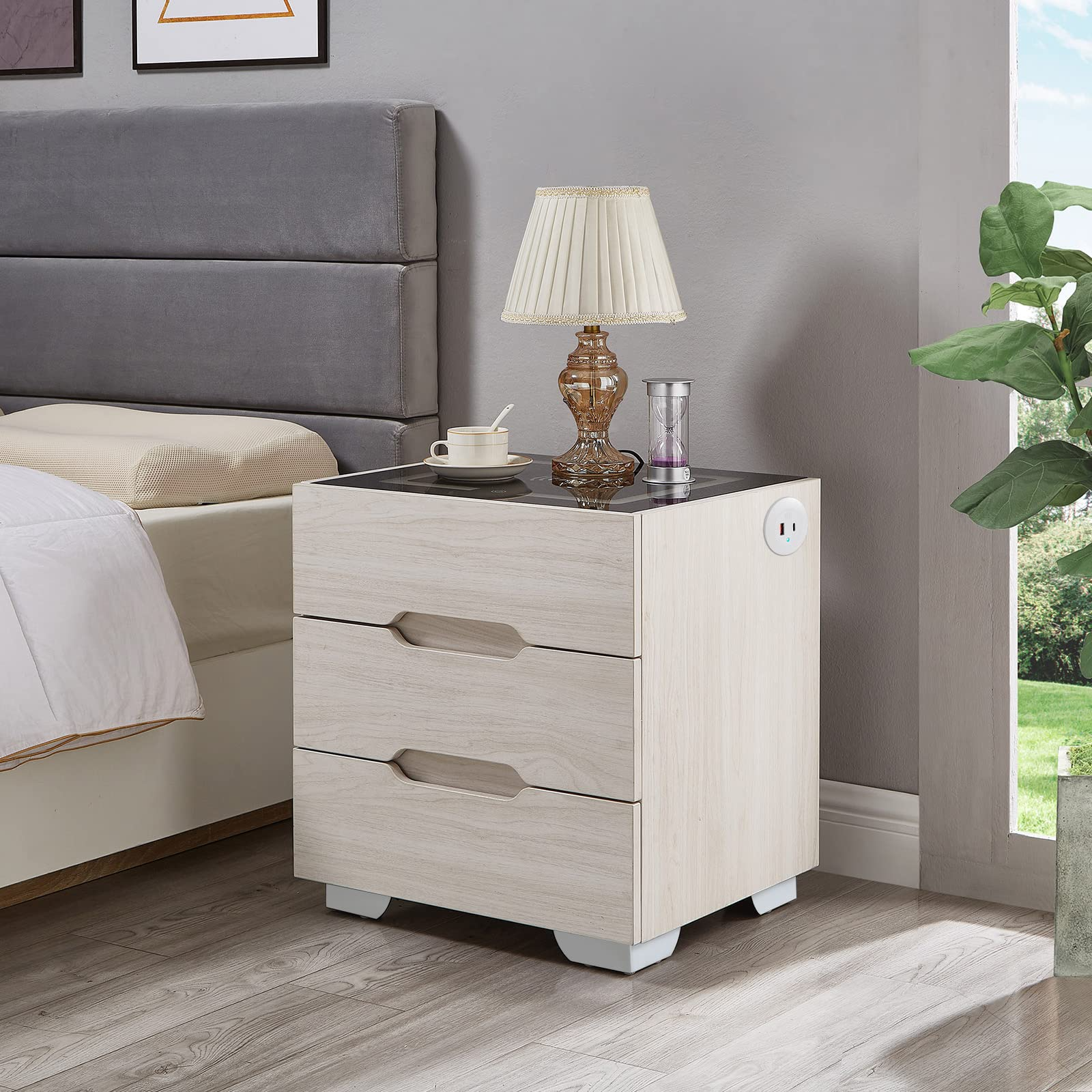 【Furniture】Nightstands Wireless Charging Station and LED Lights, Modern End Side Table with 3 Drawer