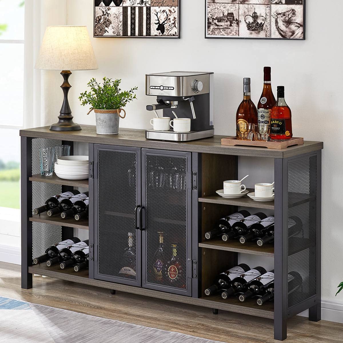 【Furniture】Industrial Wine Bar Cabinet for Liquor & Glasses, Farmhouse Wood Coffee Bar Cabinet with Wine Rack