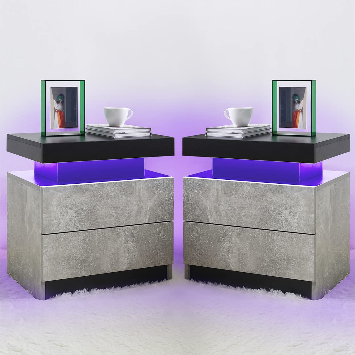 【Furniture】Nightstand Set of 2 LED Nightstand with 2 Drawers, Bedside Table with Drawers for Bedroom Furniture