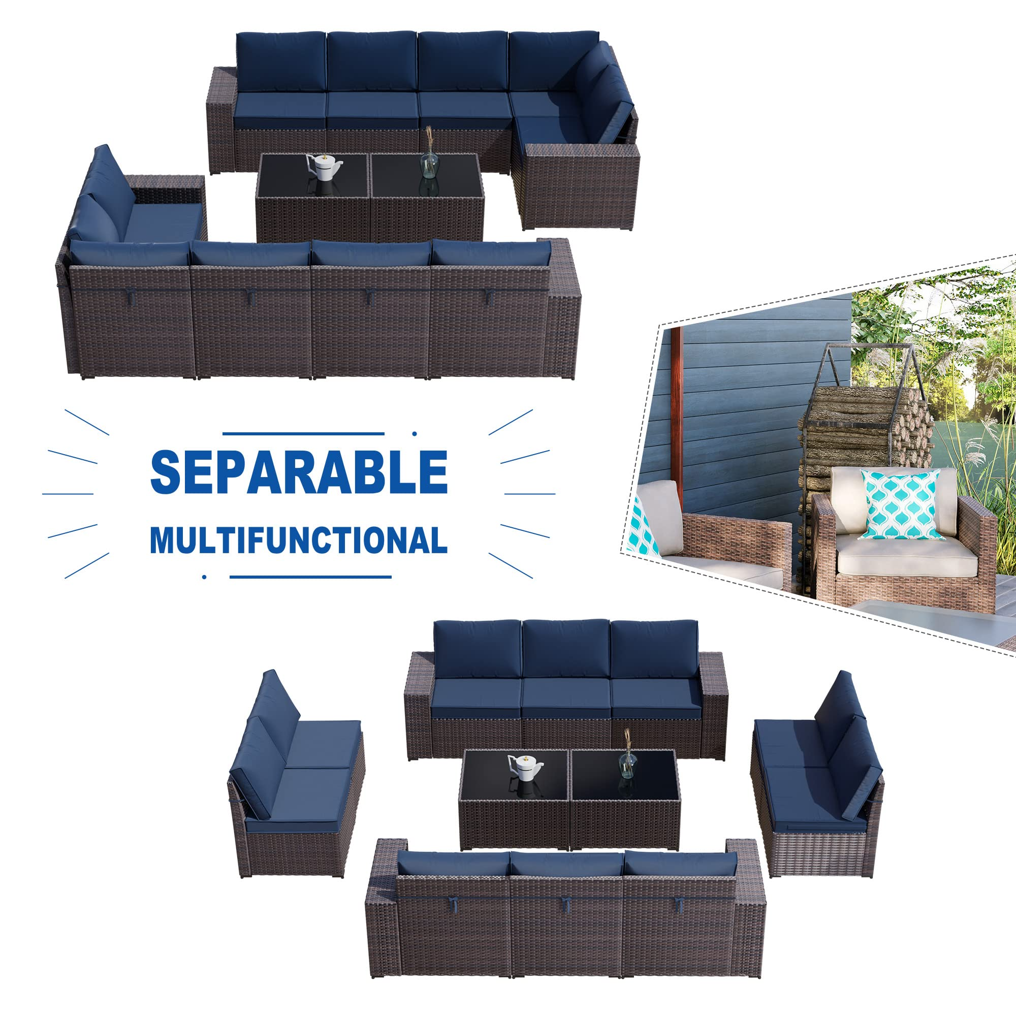 【Furniture】Outdoor Patio Furniture Set 12 Pcs Sectional Rattan Sofa Set Brown PE Wicker Patio Conversation Set