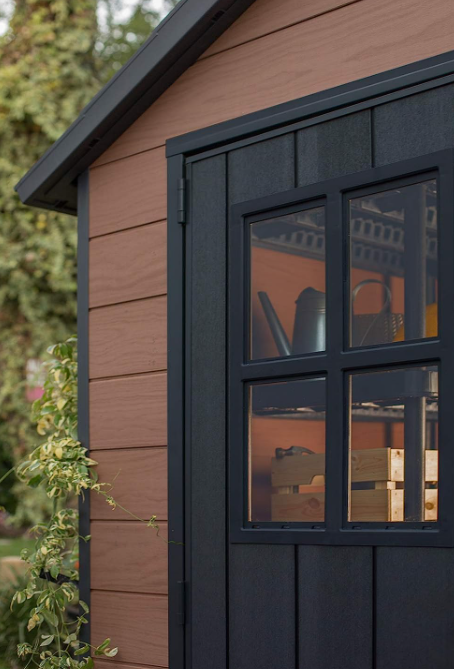 KETER Newton 7.5x7 Large Resin Outdoor Storage Shed Kit – Perfect to Store Patio Furniture, Garden Tools, Bike Accessories, and Lawn Mower, Mahogany Brown