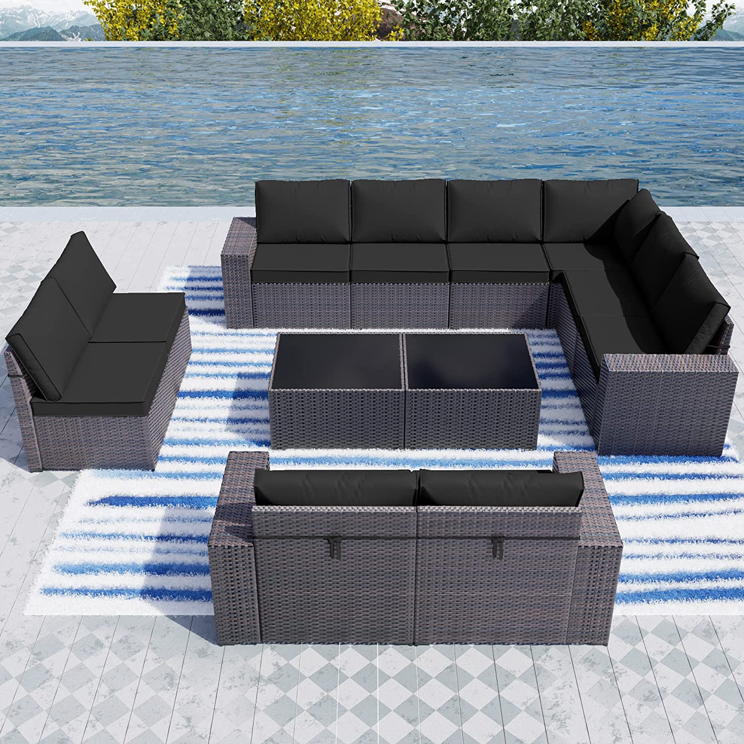 【Furniture】Outdoor Patio Furniture Set 12-Pc Sectional Rattan Sofa Set Brown PE Wicker Patio Conversation Set