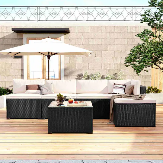 【Furniture】6 Piece PE Weave Rattan Outdoor Furniture Set Patio Garden Sectional Sofa