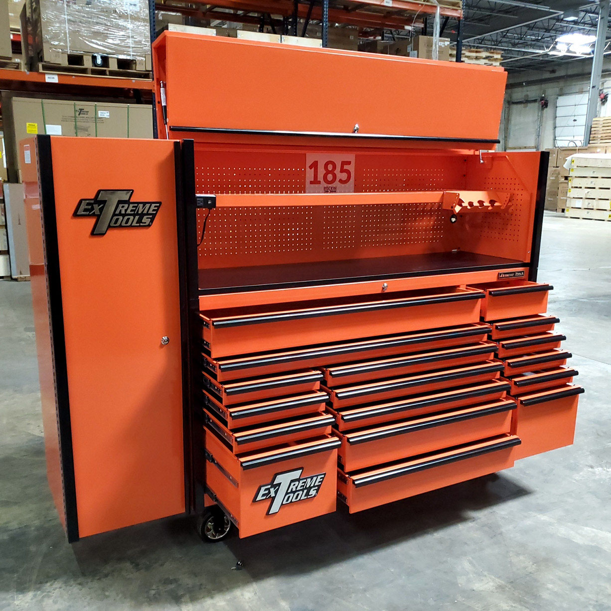used toolboxScratch & Dent, Extreme Tools DX Series 72 x 21 Triple Bank Roller, Hutch & Side Locker Combo in Orange with Black