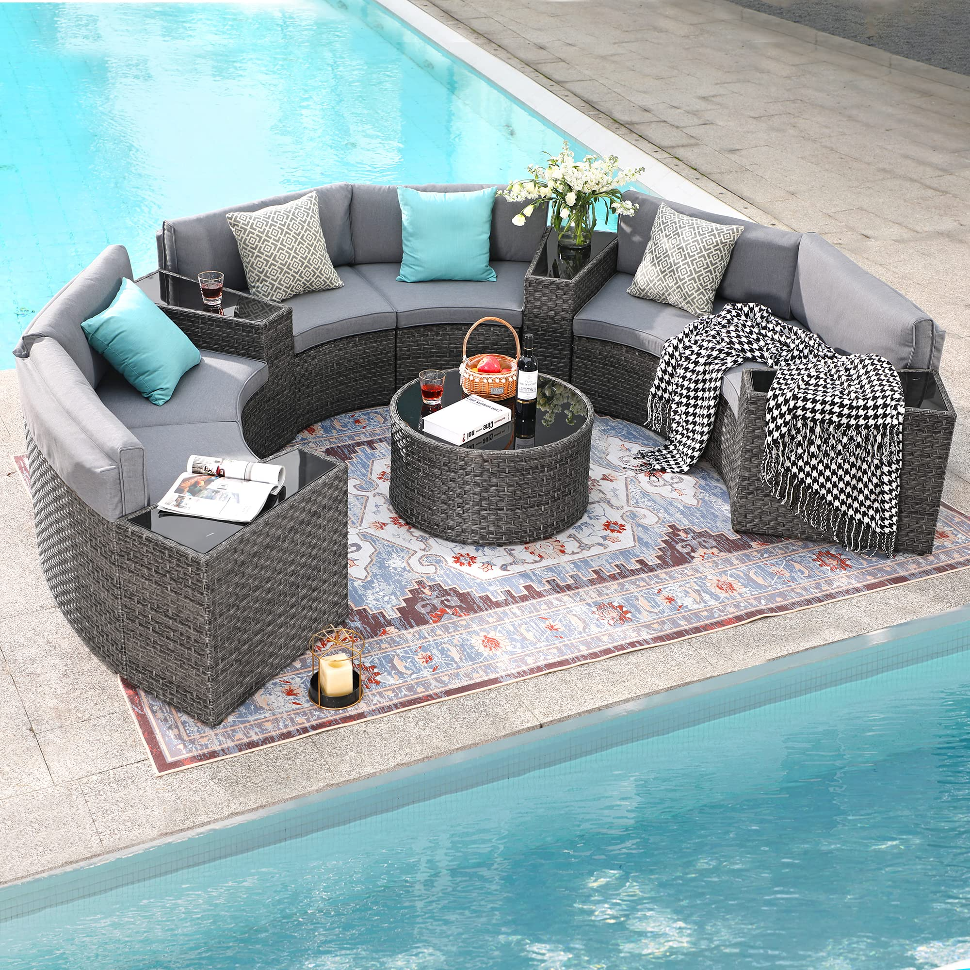 【Home&Garden】Outdoor Patio Furniture 11-Piece Half-Moon Sectional Round Patio Furniture Set