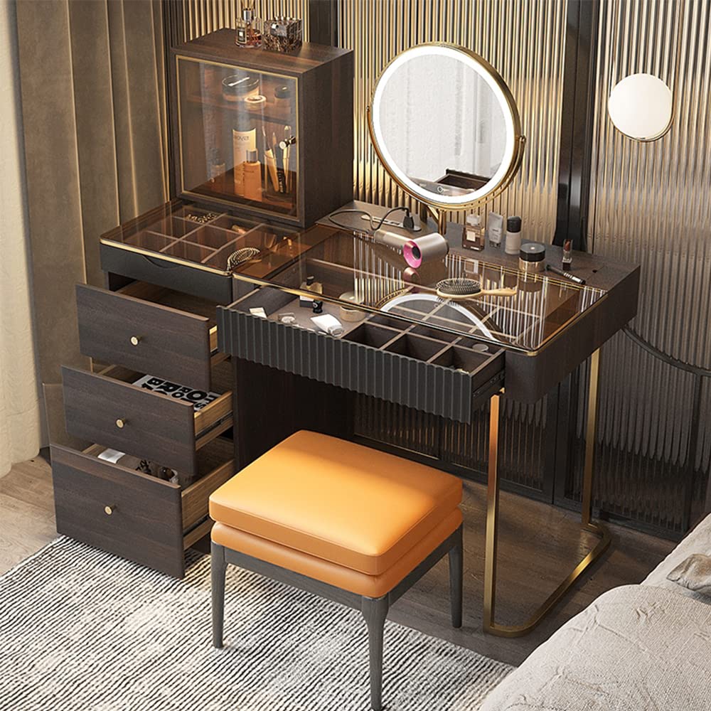 【Furniture】Mid Century Modern Vanity Desk, Makeup Vanity Table with PU Leather Stool