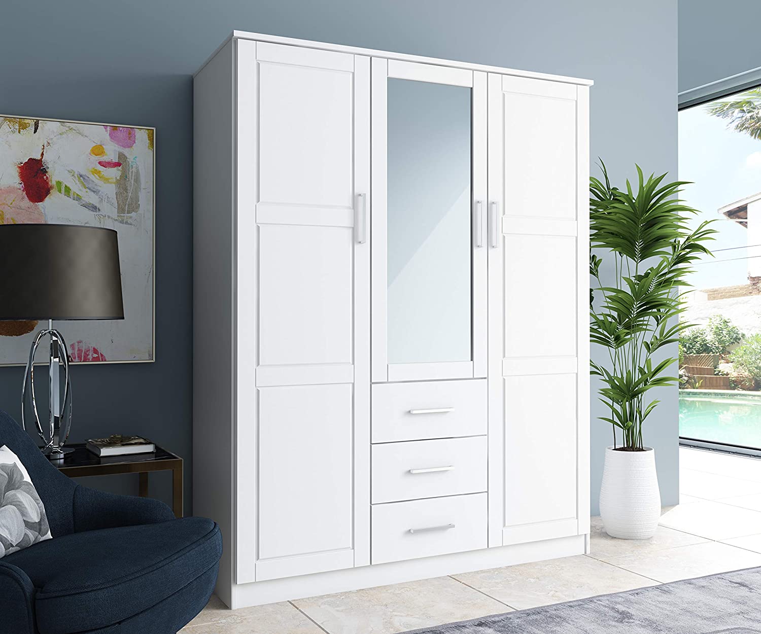 【Furniture】Cosmo Solid Wood 3-Door Wardrobe with Mirror and 3 Drawers, Java