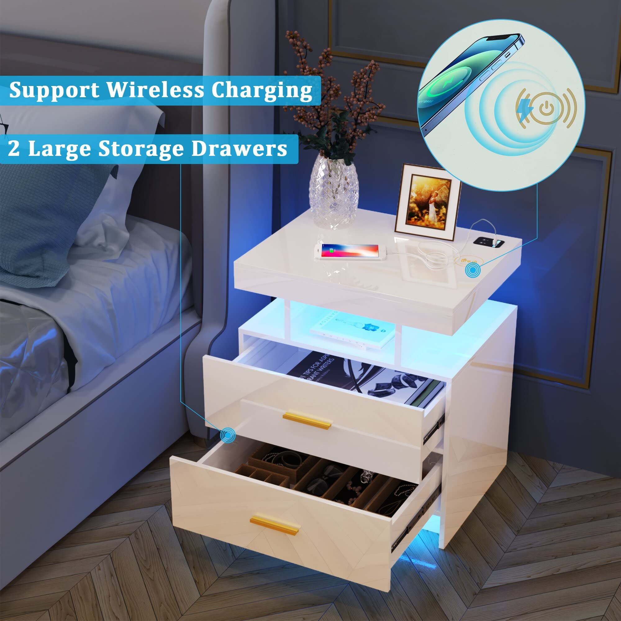 【Furniture】LED White Nightstand with 3 Colors Adjustable 2 USB Ports and Wireless Charging Station, High Gloss Nightstand with 2 Drawers