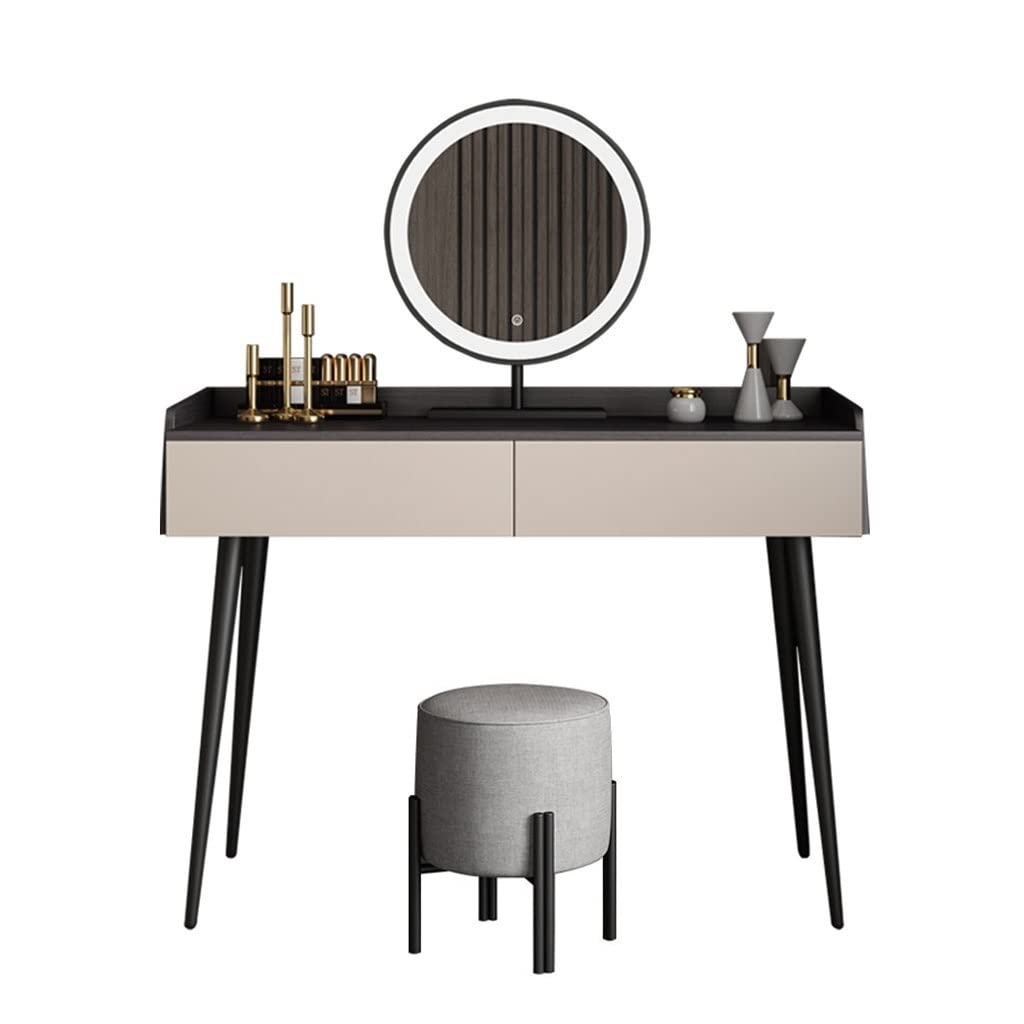 【Furniture】Vanity For Bedroom Modern Bedroom Dresser Vanity Desk with 2 Drawers, 1 Stool & LED Mirror
