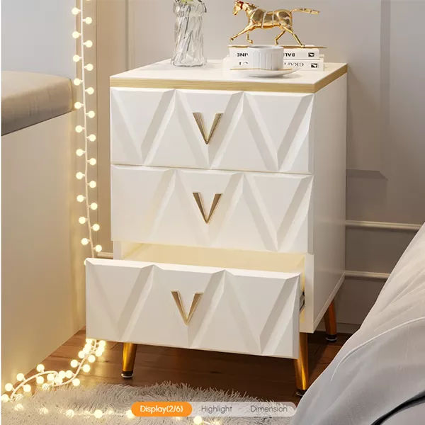 NORDIC WHITE NIGHTSTAND 3-DRAWER BEDSIDE TABLE V-SHAPED FACET & GOLD PULLS IN LARGE