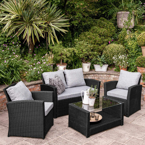 Cote Garden Sofa Set - LED Cantilever Parasol - 4 Seater - Black Rattan