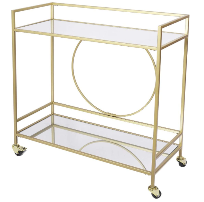 Large Gold Rolling Bar Cart with 2 Mirrored Shelves, Wine Drink Trolley Cart with Lockable Wheels, Suitable for Kitchen, Club, Living Room, 36