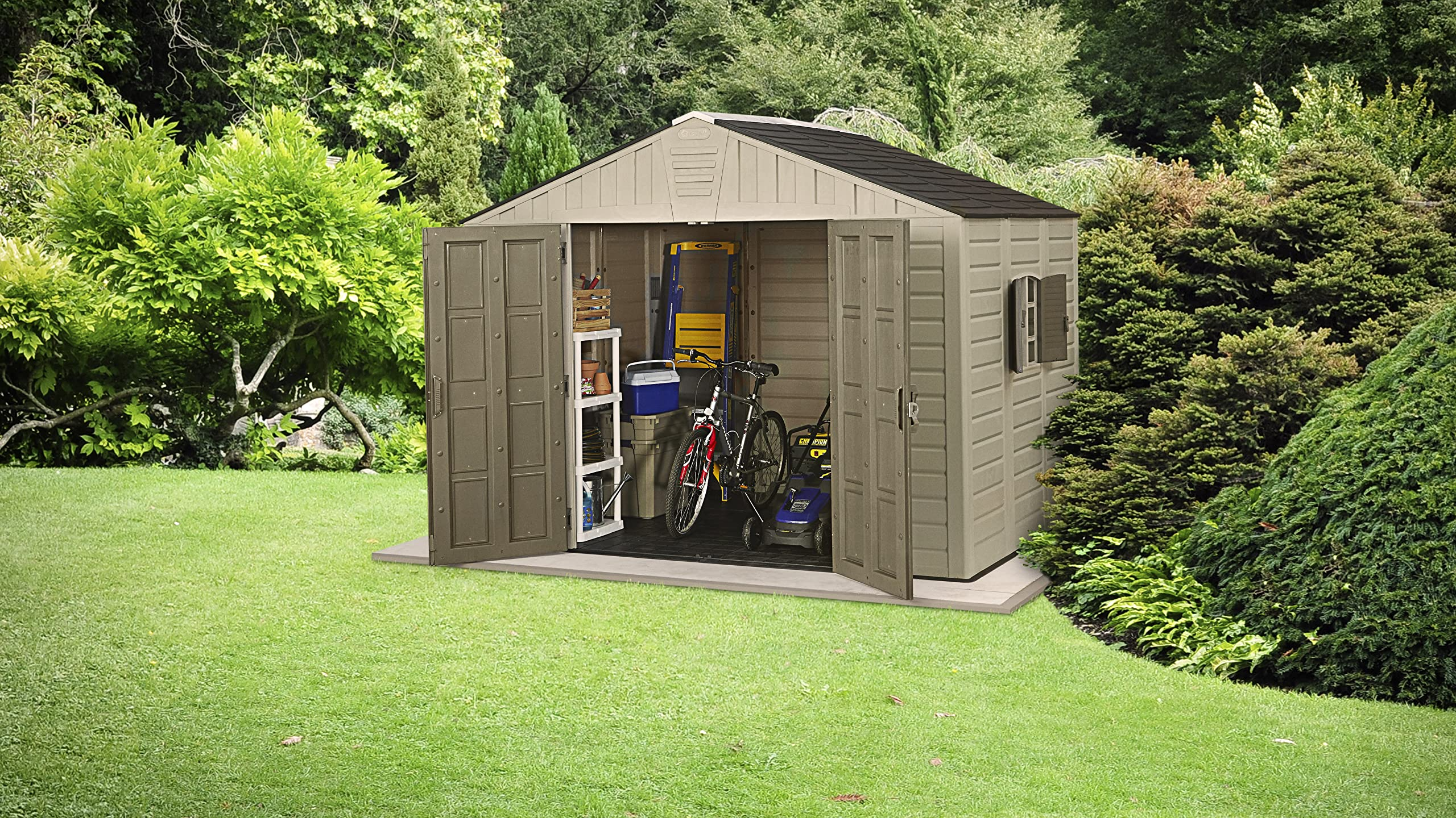 【Storage Shed】10x8 Large Resin Outdoor Shed for Patio Furniture, Lawn Mower, and Bike Storage, Taupe