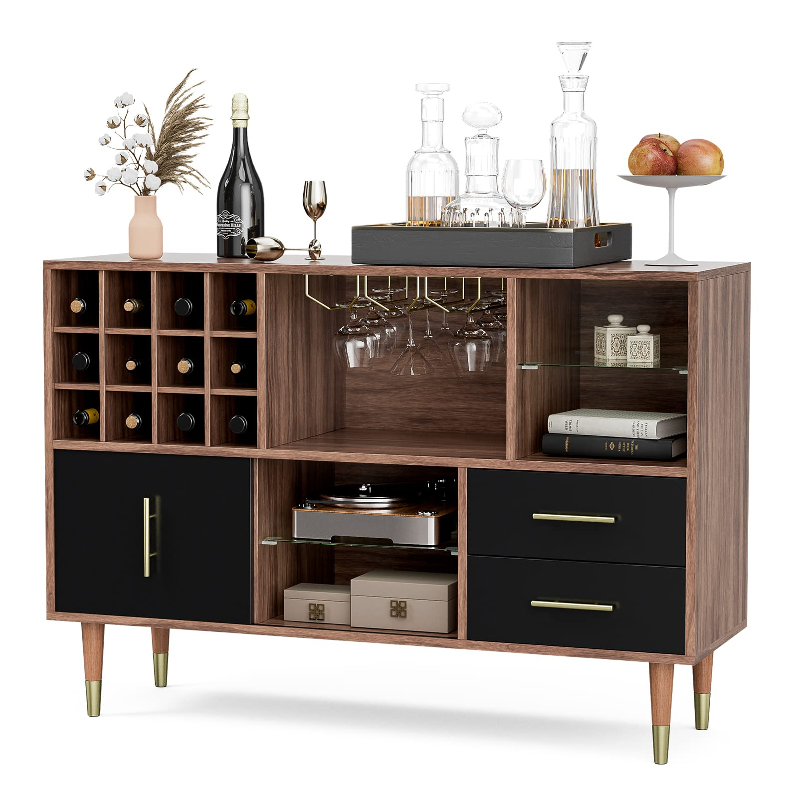 【Furniture】Accent Kitchen Buffet Sideboard with Storage, Wood Cabinet Server Cupboard with 12 Wine Bottle Rack